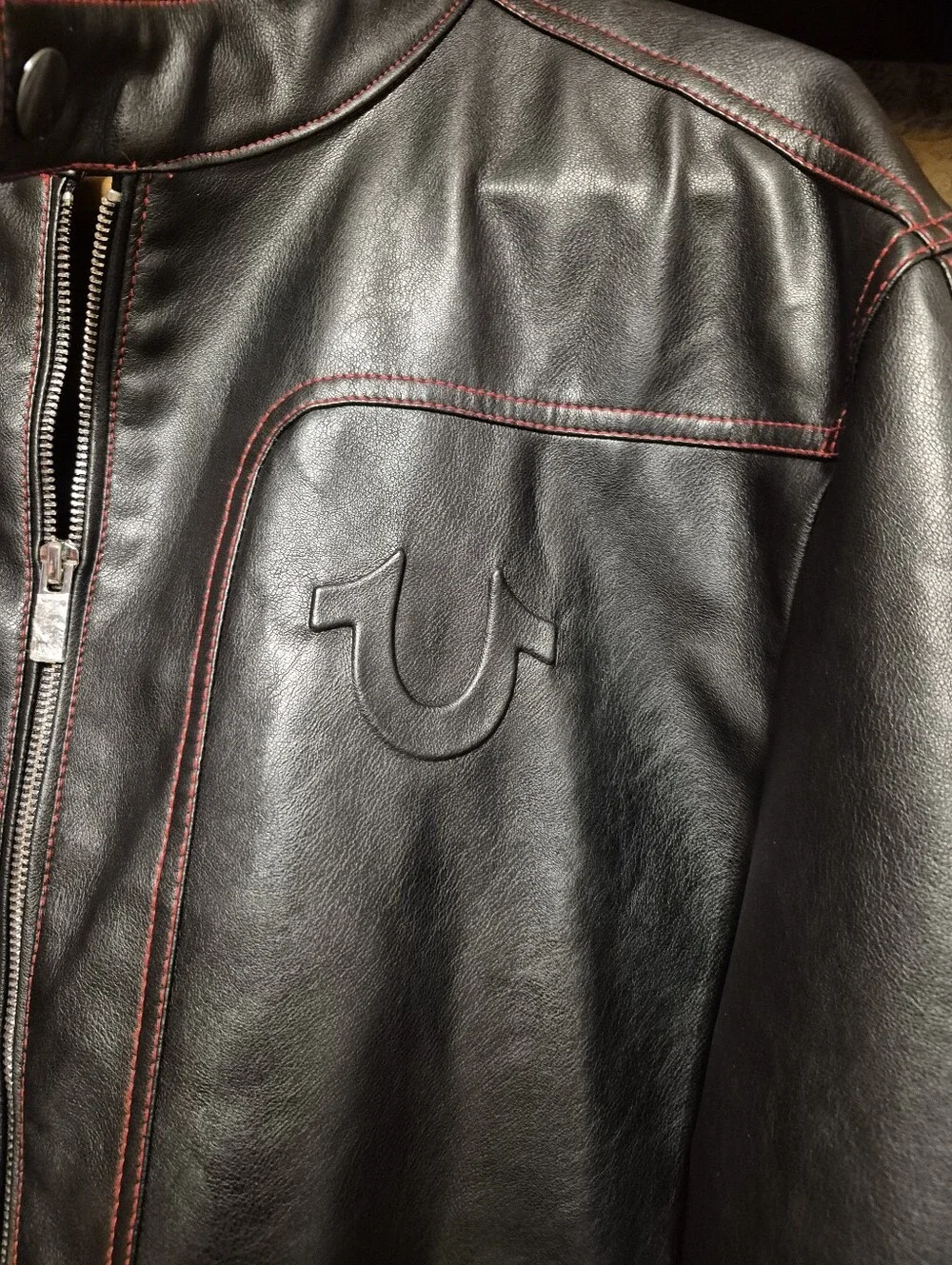 True Religion Black Leather Bomber Jacket with Red Stitching